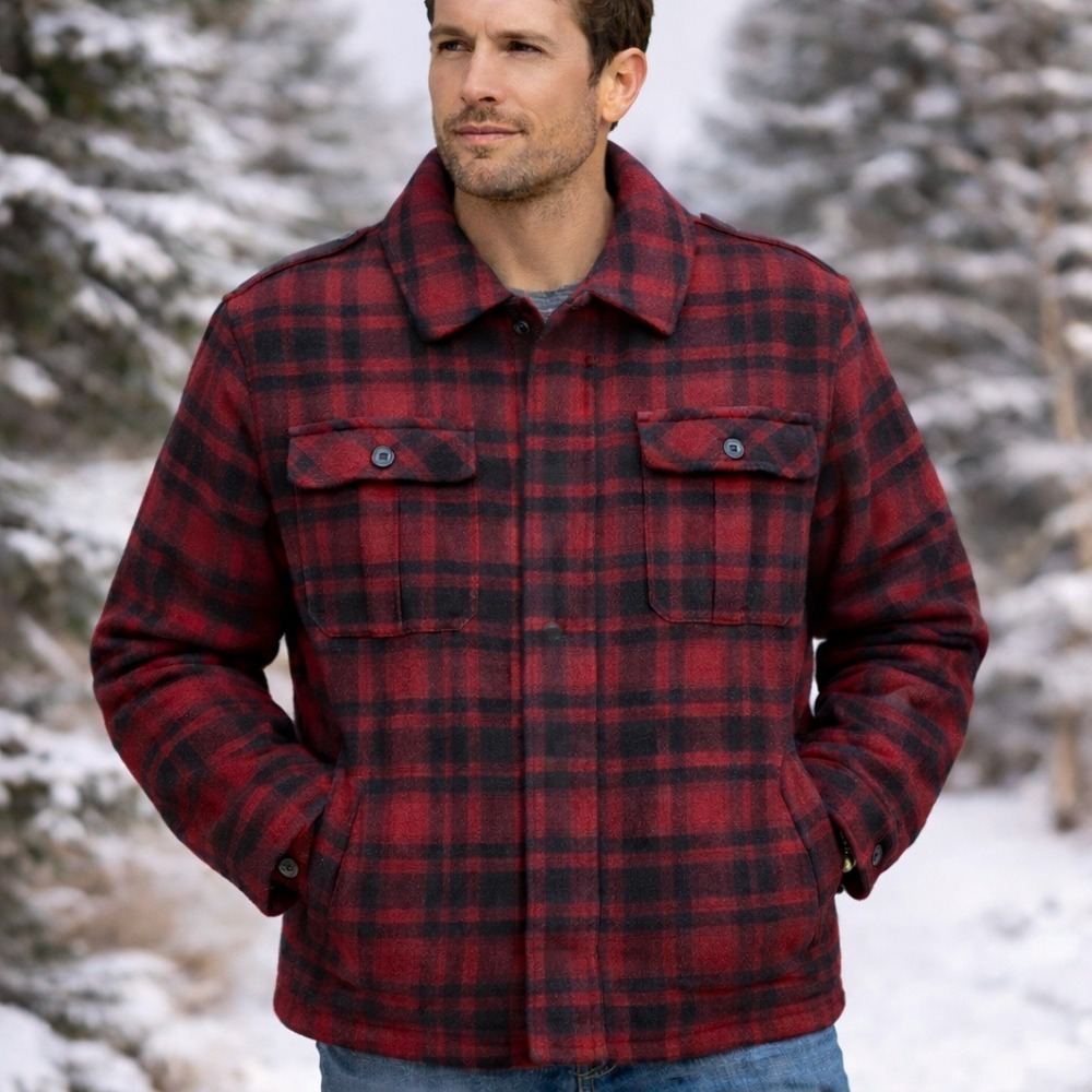 Route 66 Men's Large Red‎ Black Plaid Wool Blend Jacket Coat Trucker Style